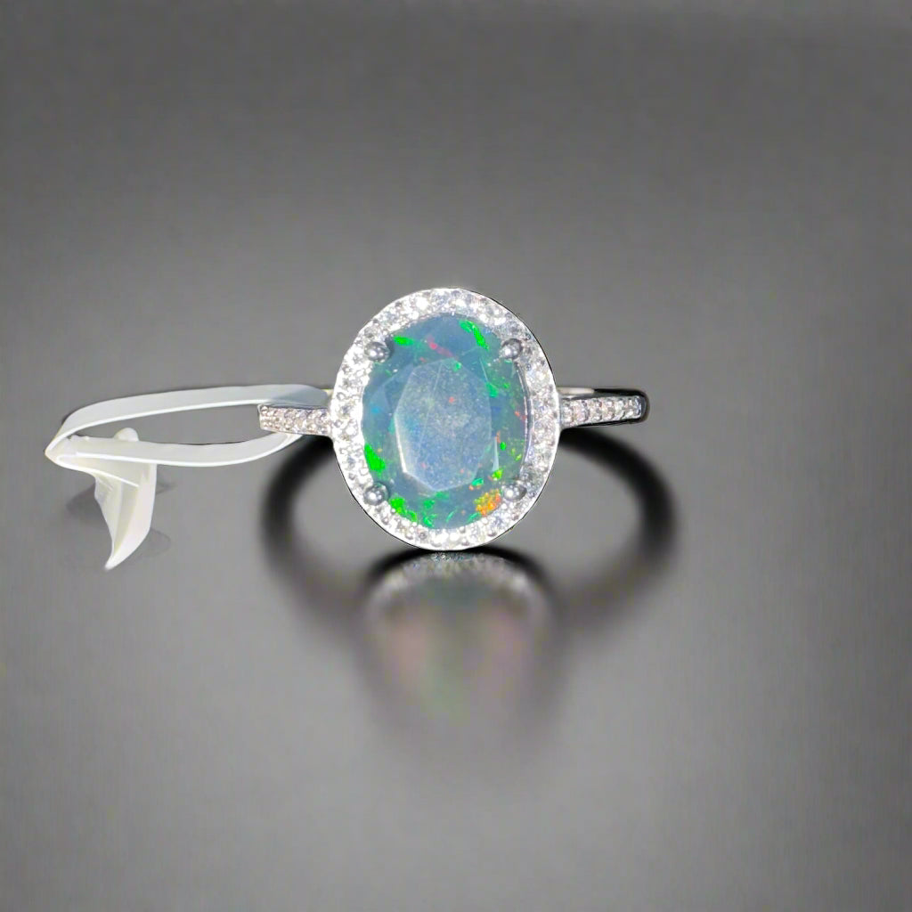 Natural Black Opal and Natural White Topaz Ring - October Birthstone