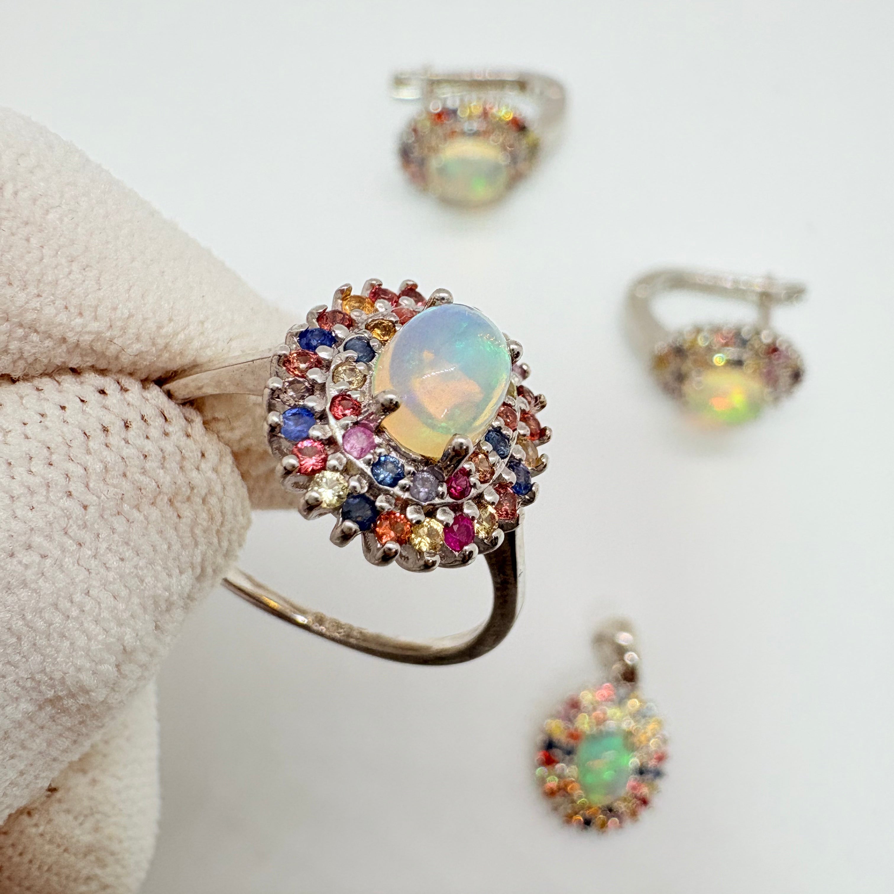 Natural Opal with Multi-Sapphire 925 Silver Jewelry set - October Birthstone