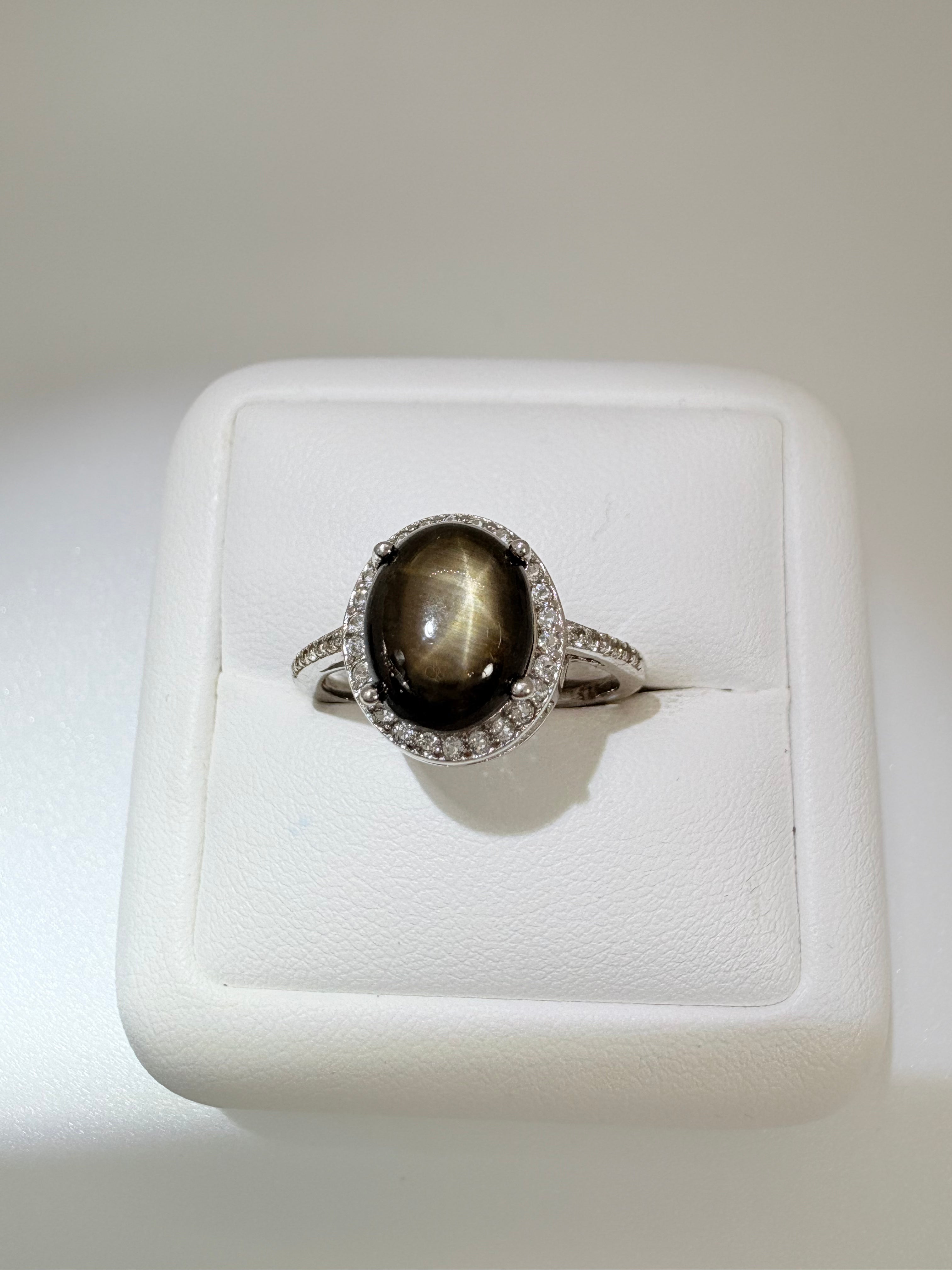 Natural Black Star Sapphire and Natural White Topaz Ring - September  Birthstone